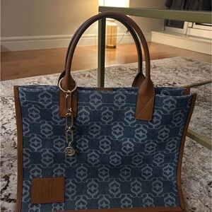 Sandro Paris Denim Monogram Tote Bag – Brown Leather Trim